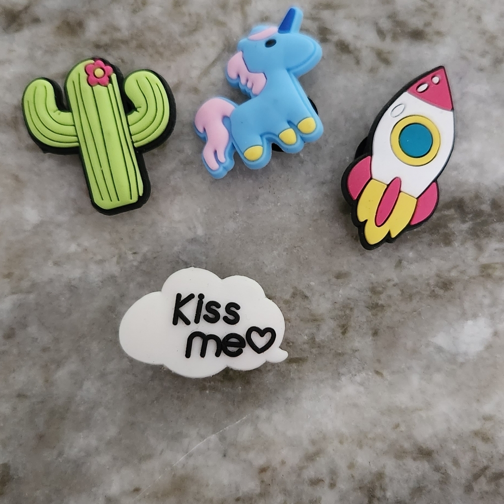 4 New Croc Charms ~ Unicorn, Rocket, Kiss Me Cloud, Flower Cactus ~ Bin 1E
